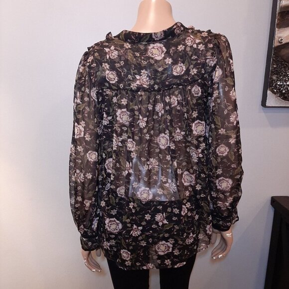 Zara Sheer Floral Blouse Womens Size Medium Black Long Sleeve Boho Peasant Top - Picture 12 of 16